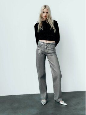 NWOT Zara metallic mid rise wide leg full length jeans, US 4